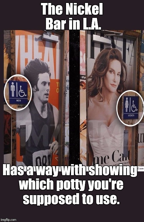 Lil boys poopy to the left, lil girls poopy to... | The Nickel Bar in L.A. Has a way with showing which potty you're supposed to use. | image tagged in bruce jenner,caitlyn jenner,transgender bathroom | made w/ Imgflip meme maker