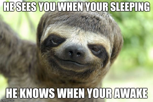 Santa Sloth | HE SEES YOU WHEN YOUR SLEEPING; HE KNOWS WHEN YOUR AWAKE | image tagged in sloth | made w/ Imgflip meme maker