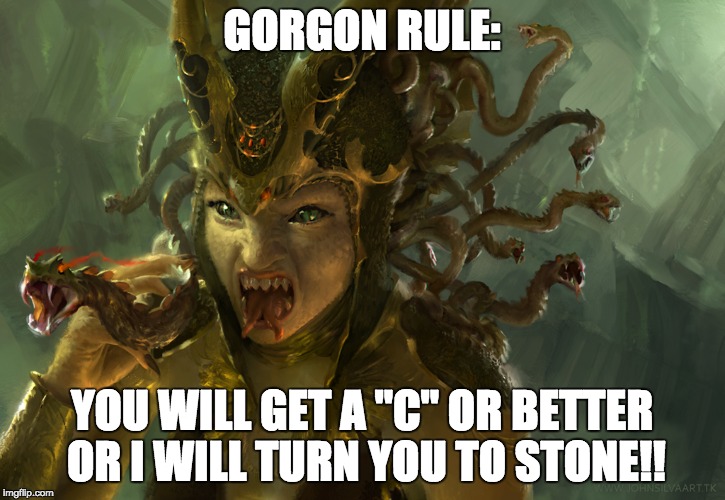 Gorgon Rule | GORGON RULE:; YOU WILL GET A "C" OR BETTER OR I WILL TURN YOU TO STONE!! | image tagged in advising humor | made w/ Imgflip meme maker