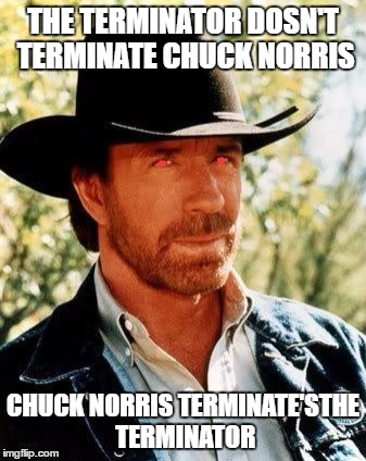 Chuck Norris Week! May 1-7! A Sir_unknown Event! | THE TERMINATOR DOSN'T TERMINATE CHUCK NORRIS; CHUCK NORRIS TERMINATE'STHE TERMINATOR | image tagged in terminator chuck norris,sir_unknown | made w/ Imgflip meme maker