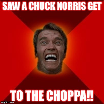 Arnold meme | SAW A CHUCK NORRIS GET; TO THE CHOPPA!! | image tagged in arnold meme | made w/ Imgflip meme maker