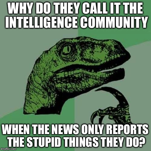 Philosoraptor Meme | WHY DO THEY CALL IT THE INTELLIGENCE COMMUNITY; WHEN THE NEWS ONLY REPORTS THE STUPID THINGS THEY DO? | image tagged in memes,philosoraptor | made w/ Imgflip meme maker