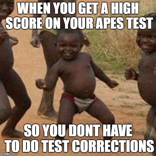 Third World Success Kid | WHEN YOU GET A HIGH SCORE ON YOUR APES TEST; SO YOU DONT HAVE TO DO TEST CORRECTIONS | image tagged in memes,third world success kid | made w/ Imgflip meme maker