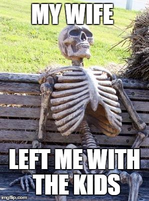 Waiting Skeleton Meme | MY WIFE; LEFT ME WITH THE KIDS | image tagged in memes,waiting skeleton | made w/ Imgflip meme maker