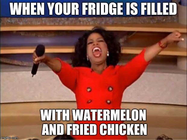 Oprah You Get A | WHEN YOUR FRIDGE IS FILLED; WITH WATERMELON AND FRIED CHICKEN | image tagged in memes,oprah you get a | made w/ Imgflip meme maker