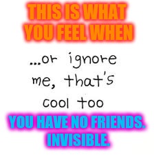  THIS IS WHAT YOU FEEL WHEN; YOU HAVE NO FRIENDS. INVISIBLE. | image tagged in ignoring | made w/ Imgflip meme maker