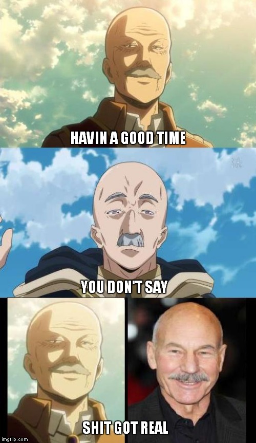 Havein a good time | HAVIN A GOOD TIME; YOU DON'T SAY; SHIT GOT REAL | image tagged in anime,attack on titan | made w/ Imgflip meme maker