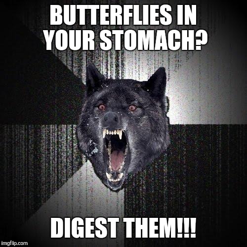 Insanity Wolf Meme | BUTTERFLIES IN YOUR STOMACH? DIGEST THEM!!! | image tagged in memes,insanity wolf | made w/ Imgflip meme maker