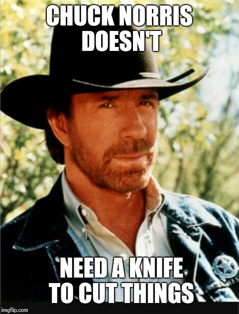 CHUCK NORRIS DOESN'T; NEED A KNIFE TO CUT THINGS | image tagged in memes | made w/ Imgflip meme maker