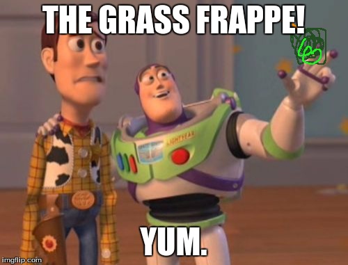 X, X Everywhere Meme | THE GRASS FRAPPE! YUM. | image tagged in memes,x x everywhere | made w/ Imgflip meme maker