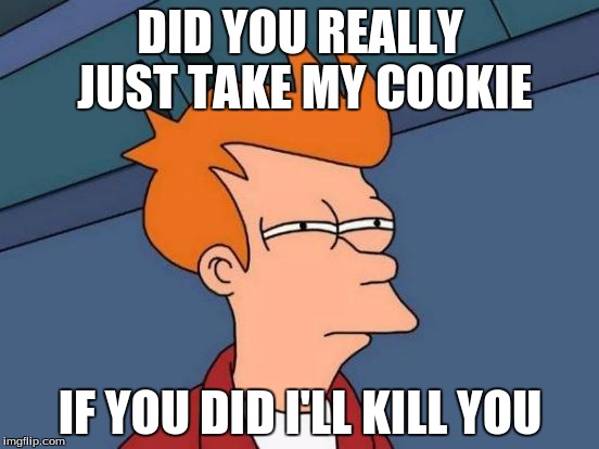 Futurama Fry Meme | DID YOU REALLY JUST TAKE MY COOKIE; IF YOU DID I'LL KILL YOU | image tagged in memes,futurama fry | made w/ Imgflip meme maker