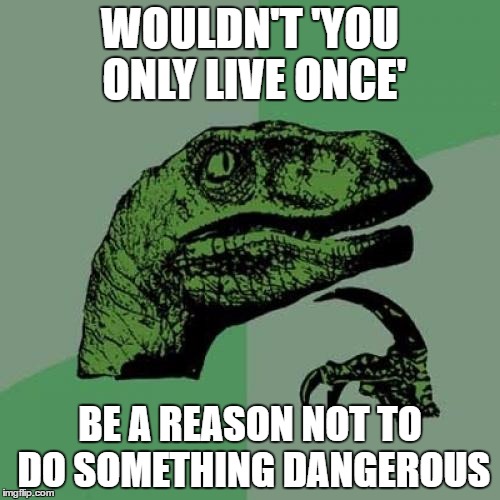 Philosoraptor | WOULDN'T 'YOU ONLY LIVE ONCE'; BE A REASON NOT TO DO SOMETHING DANGEROUS | image tagged in memes,philosoraptor | made w/ Imgflip meme maker