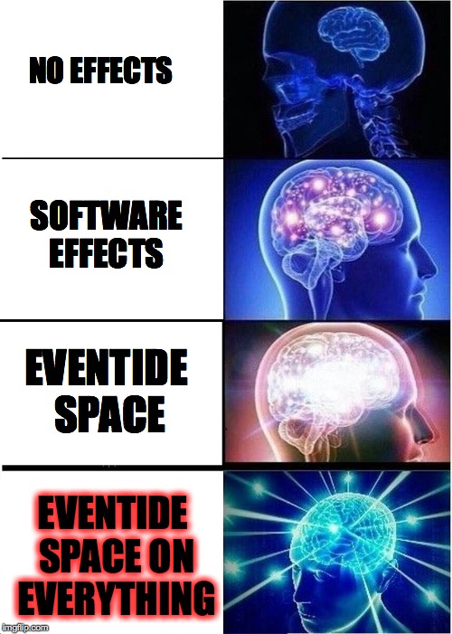 Expanding Brain Meme | NO EFFECTS; SOFTWARE EFFECTS; EVENTIDE SPACE; EVENTIDE SPACE ON EVERYTHING | image tagged in expanding brain | made w/ Imgflip meme maker