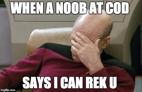 Captain Picard Facepalm | WHEN A NOOB AT COD; SAYS I CAN REK U | image tagged in memes,captain picard facepalm | made w/ Imgflip meme maker