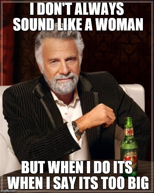 The Most Interesting Man In The World Meme | I DON'T ALWAYS SOUND LIKE A WOMAN BUT WHEN I DO ITS WHEN I SAY ITS TOO BIG | image tagged in memes,the most interesting man in the world | made w/ Imgflip meme maker