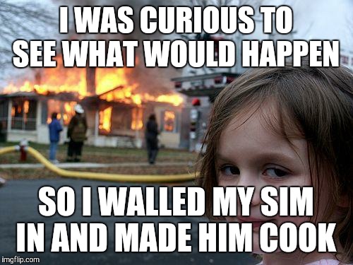 Disaster Girl | I WAS CURIOUS TO SEE WHAT WOULD HAPPEN; SO I WALLED MY SIM IN AND MADE HIM COOK | image tagged in memes,disaster girl | made w/ Imgflip meme maker