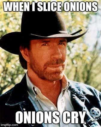 Chuck Norris Meme | WHEN I SLICE ONIONS; ONIONS CRY | image tagged in memes,chuck norris | made w/ Imgflip meme maker