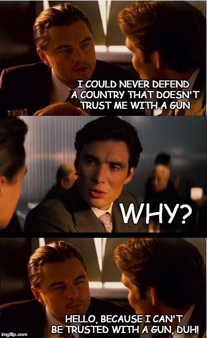 Gun trust | I COULD NEVER DEFEND A COUNTRY THAT DOESN'T TRUST ME WITH A GUN; WHY? HELLO, BECAUSE I CAN'T BE TRUSTED WITH A GUN, DUH! | image tagged in memes,inception | made w/ Imgflip meme maker