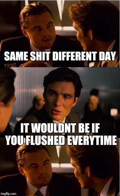 Inception | SAME SHIT DIFFERENT DAY; IT WOULDNT BE IF YOU FLUSHED EVERYTIME | image tagged in memes,inception | made w/ Imgflip meme maker