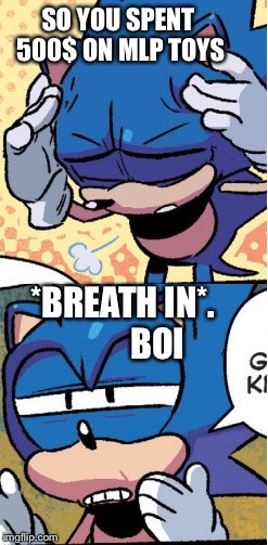 sonic boi | SO YOU SPENT 500$ ON MLP TOYS; *BREATH IN*.      
    BOI | image tagged in sonic boi | made w/ Imgflip meme maker