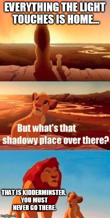 Simba Shadowy Place Meme | EVERYTHING THE LIGHT TOUCHES IS HOME... THAT IS KIDDERMINSTER. YOU MUST NEVER GO THERE. | image tagged in memes,simba shadowy place | made w/ Imgflip meme maker