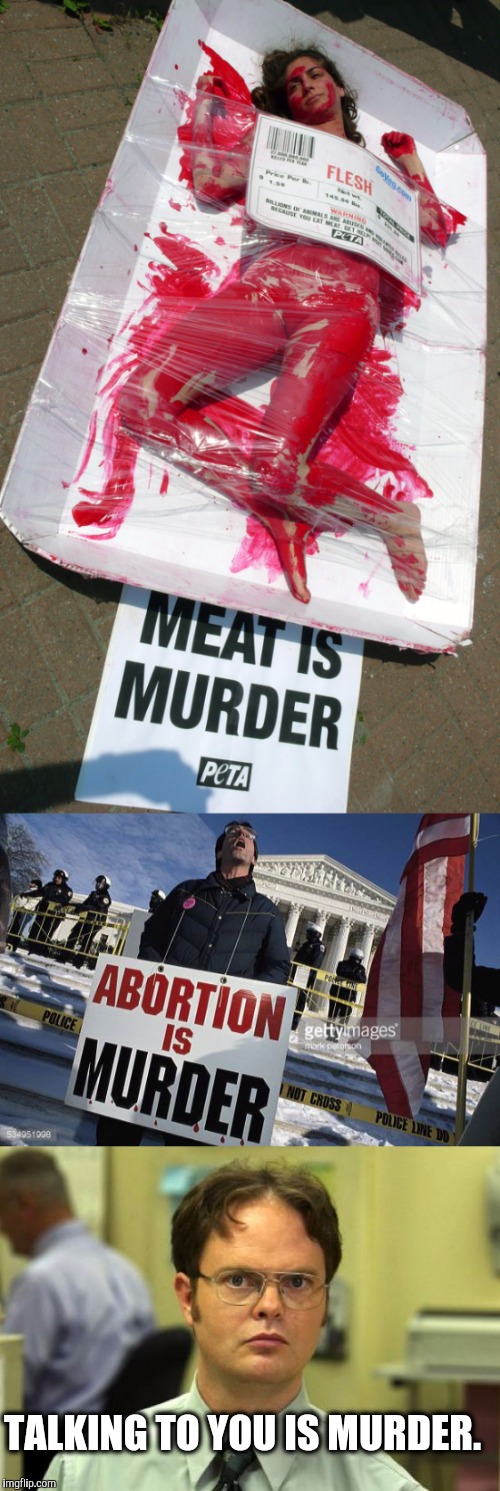 TALKING TO YOU IS MURDER. | image tagged in memes,dwight schrute,peta,anti-choice | made w/ Imgflip meme maker