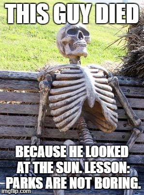Waiting Skeleton Meme | THIS GUY DIED; BECAUSE HE LOOKED AT THE SUN. LESSON: PARKS ARE NOT BORING. | image tagged in memes,waiting skeleton | made w/ Imgflip meme maker