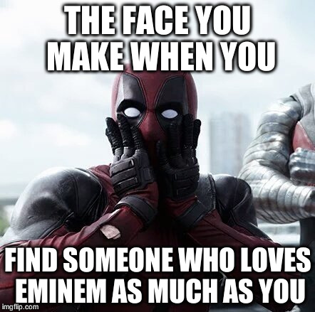 Deadpool Surprised | THE FACE YOU MAKE WHEN YOU; FIND SOMEONE WHO LOVES EMINEM AS MUCH AS YOU | image tagged in memes,deadpool surprised | made w/ Imgflip meme maker