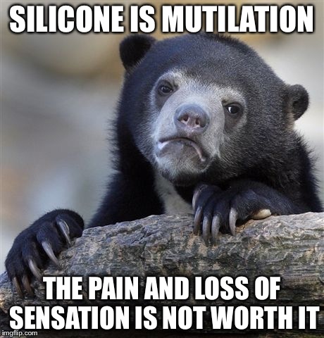 Confession Bear Meme | SILICONE IS MUTILATION THE PAIN AND LOSS OF SENSATION IS NOT WORTH IT | image tagged in memes,confession bear | made w/ Imgflip meme maker