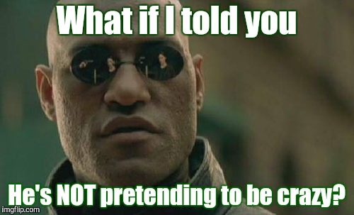 Matrix Morpheus Meme | What if I told you He's NOT pretending to be crazy? | image tagged in memes,matrix morpheus | made w/ Imgflip meme maker
