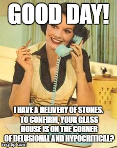 lady on the phone | GOOD DAY! I HAVE A DELIVERY OF STONES. TO CONFIRM, YOUR GLASS HOUSE IS ON THE CORNER OF DELUSIONAL AND HYPOCRITICAL? | image tagged in lady on the phone | made w/ Imgflip meme maker