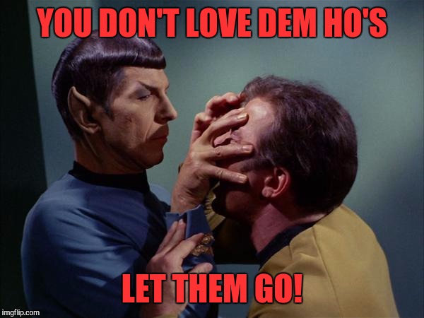 Gettin' his mind right! | YOU DON'T LOVE DEM HO'S; LET THEM GO! | image tagged in spock mind meld,memes,funny,funny memes | made w/ Imgflip meme maker