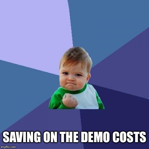 Success Kid Meme | SAVING ON THE DEMO COSTS | image tagged in memes,success kid | made w/ Imgflip meme maker