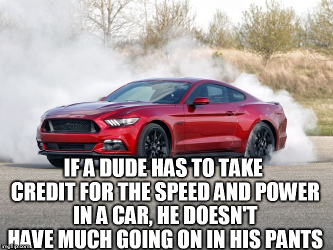 IF A DUDE HAS TO TAKE CREDIT FOR THE SPEED AND POWER IN A CAR, HE DOESN'T HAVE MUCH GOING ON IN HIS PANTS | image tagged in ford mustang,mustang,small penis,small,granny balls,sucks | made w/ Imgflip meme maker