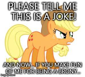 Mad AJ | PLEASE TELL ME THIS IS A JOKE! AND NOW... IF YOU MAKE FUN OF ME FOR BEING A BRONY... | image tagged in mad aj | made w/ Imgflip meme maker