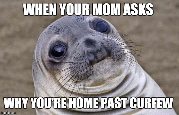 Awkward Moment Sealion Meme | WHEN YOUR MOM ASKS; WHY YOU'RE HOME PAST CURFEW | image tagged in memes,awkward moment sealion | made w/ Imgflip meme maker