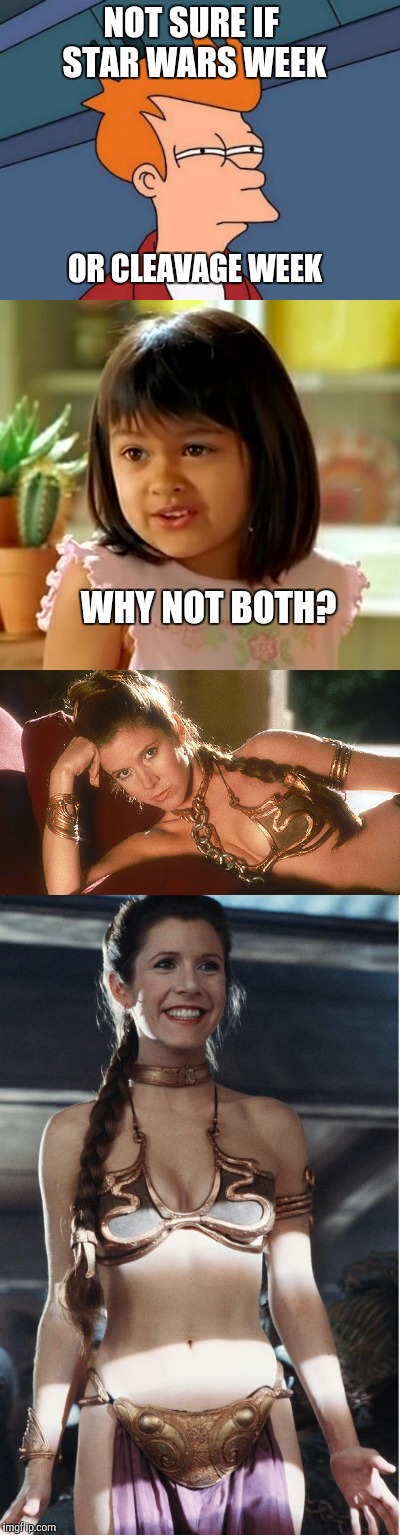 <3 Carrie Fisher/Princess Leia in the gold bikini. Timeless  | NOT SURE IF STAR WARS WEEK; OR CLEAVAGE WEEK; WHY NOT BOTH? | image tagged in princess leia - carrie fisher,why not both,jbmemegeek,star wars,star wars week | made w/ Imgflip meme maker