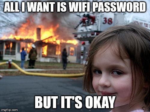 Disaster Girl | ALL I WANT IS WIFI PASSWORD; BUT IT'S OKAY | image tagged in memes,disaster girl | made w/ Imgflip meme maker