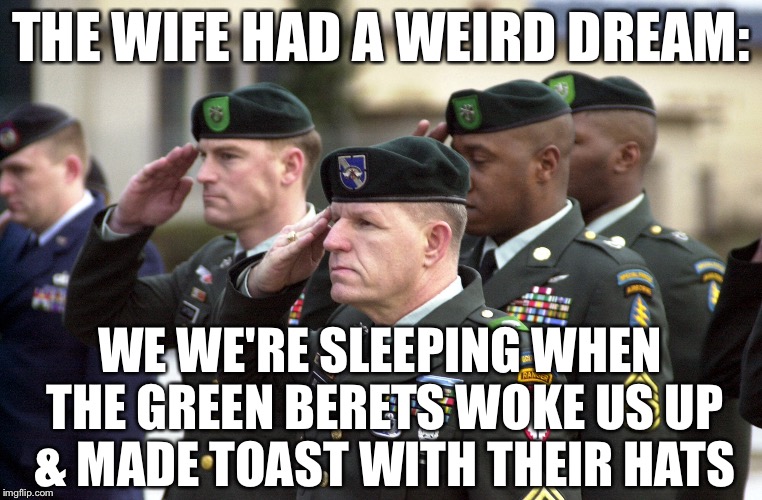 It Wasn't My Dream… | THE WIFE HAD A WEIRD DREAM:; WE WE'RE SLEEPING WHEN THE GREEN BERETS WOKE US UP & MADE TOAST WITH THEIR HATS | image tagged in memes,funny,green berets,army,toast | made w/ Imgflip meme maker