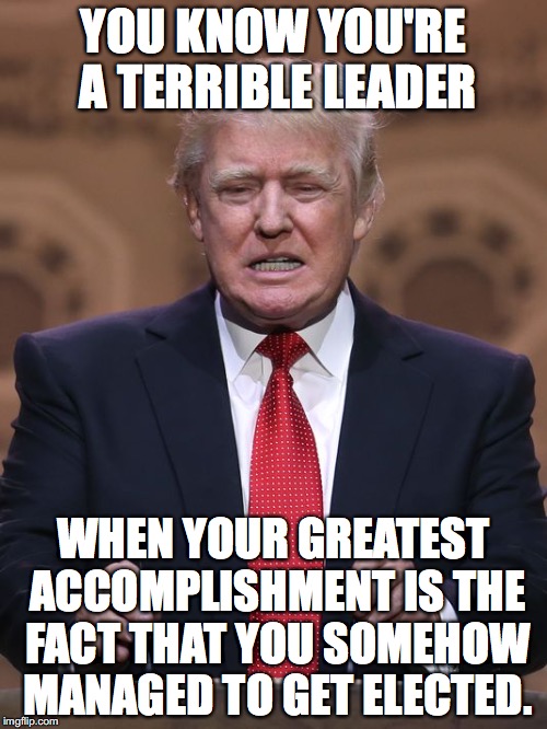 Just your daily reminder that we elected a REALITY GAME SHOW HOST!!! | YOU KNOW YOU'RE A TERRIBLE LEADER; WHEN YOUR GREATEST ACCOMPLISHMENT IS THE FACT THAT YOU SOMEHOW MANAGED TO GET ELECTED. | image tagged in donald trump,first 100 days,alternative facts,fake news,angry baby | made w/ Imgflip meme maker