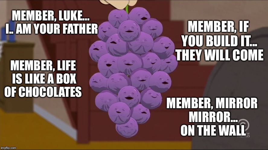 Member Berries Meme | MEMBER, LUKE... I.. AM YOUR FATHER; MEMBER, IF YOU BUILD IT... THEY WILL COME; MEMBER, LIFE IS LIKE A BOX OF CHOCOLATES; MEMBER, MIRROR MIRROR... ON THE WALL | image tagged in memes,member berries | made w/ Imgflip meme maker
