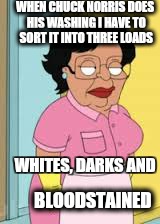 Chuck Norris week  | WHEN CHUCK NORRIS DOES HIS WASHING I HAVE TO SORT IT INTO THREE LOADS; WHITES, DARKS AND; BLOODSTAINED | image tagged in memes,chuck norris week,chuck norris,funny,family guy | made w/ Imgflip meme maker