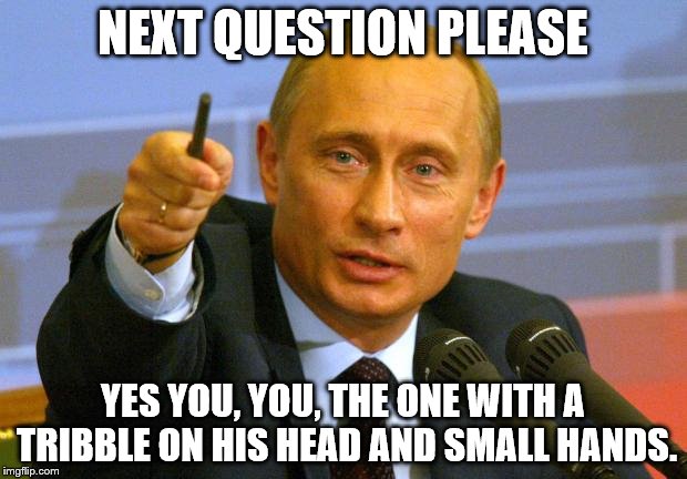Good Guy Putin Meme | NEXT QUESTION PLEASE; YES YOU, YOU, THE ONE WITH A TRIBBLE ON HIS HEAD AND SMALL HANDS. | image tagged in memes,good guy putin | made w/ Imgflip meme maker