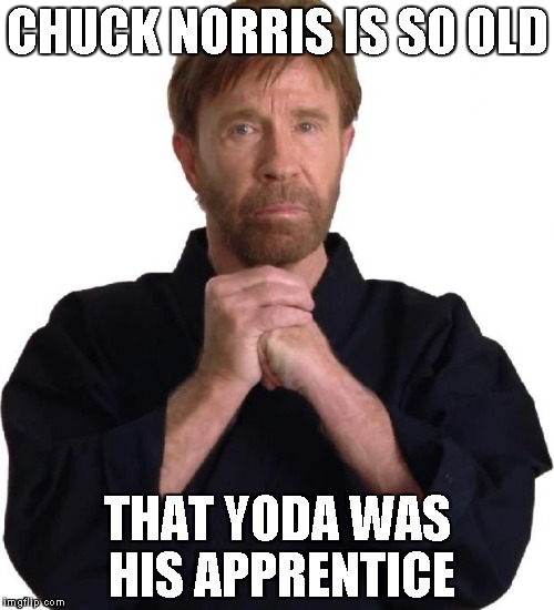 Determined Chuck Norris | CHUCK NORRIS IS SO OLD; THAT YODA WAS HIS APPRENTICE | image tagged in determined chuck norris | made w/ Imgflip meme maker