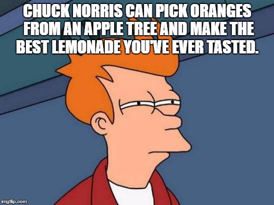Futurama Fry Meme | CHUCK NORRIS CAN PICK ORANGES FROM AN APPLE TREE AND MAKE THE BEST LEMONADE YOU'VE EVER TASTED. | image tagged in memes,futurama fry | made w/ Imgflip meme maker