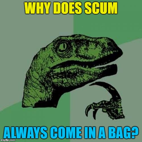 It's never a box or a can... | WHY DOES SCUM; ALWAYS COME IN A BAG? | image tagged in memes,philosoraptor,scumbag,containers | made w/ Imgflip meme maker