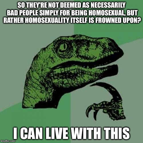 Philosoraptor Meme | SO THEY'RE NOT DEEMED AS NECESSARILY BAD PEOPLE SIMPLY FOR BEING HOMOSEXUAL, BUT RATHER HOMOSEXUALITY ITSELF IS FROWNED UPON? I CAN LIVE WIT | image tagged in memes,philosoraptor | made w/ Imgflip meme maker