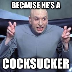 Dr Evil Cocksucker | BECAUSE HE'S A; COCKSUCKER | image tagged in dr evil quote,cocksucker | made w/ Imgflip meme maker