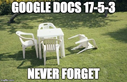 We Will Rebuild | GOOGLE DOCS 17-5-3; NEVER FORGET | image tagged in memes,we will rebuild | made w/ Imgflip meme maker