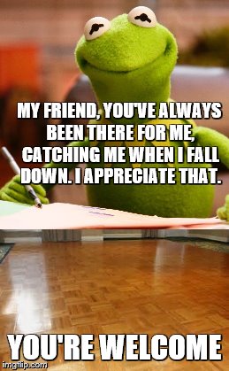my greatest companion... | MY FRIEND, YOU'VE ALWAYS BEEN THERE FOR ME, CATCHING ME WHEN I FALL DOWN. I APPRECIATE THAT. YOU'RE WELCOME | image tagged in kermit the frog,kermit,floor,appreciation,appreciate | made w/ Imgflip meme maker